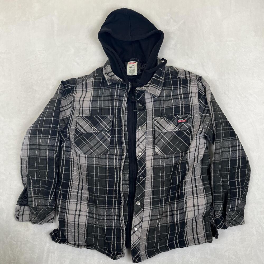 Dickies Jacket Mens Large Black Plaid Flannel Hooded Quilted Lined Workwear